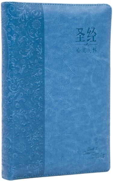 心靈關懷聖經—新譯本 簡體．神字版 藍色儷皮銀邊拉鏈 封面